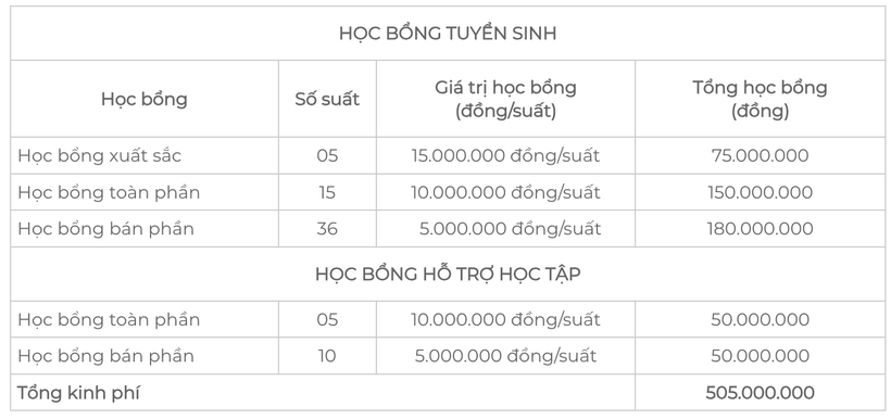 Cơ cấu học bổng tuyển sinh và hỗ trợ học tập khóa 50 của UEH tại Vĩnh Long. Ảnh: UEH