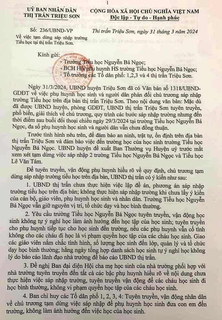Công văn của UBND thị trấn Triệu Sơn (Thanh Hóa) về việc tạm dừng sáp nhập trường tiểu học trên địa bàn. Ảnh: TL
