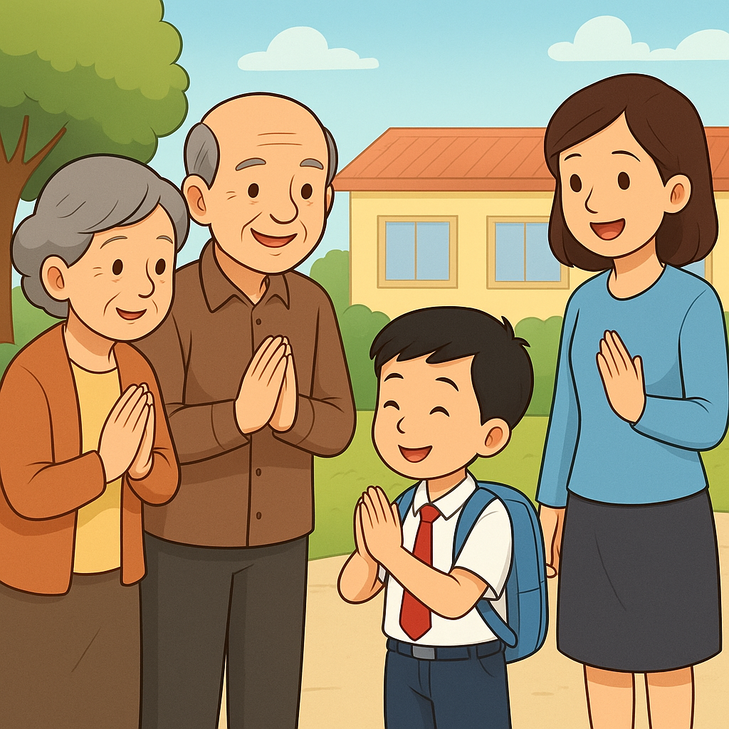 Chào hỏi lễ phép với người lớn