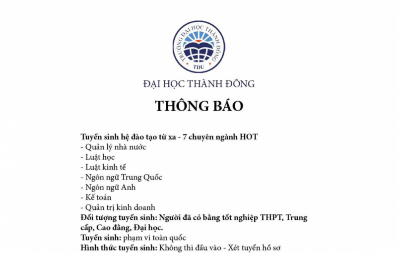 Đại học Thành Đông tuyển sinh hệ đào tạo từ xa - 7 chuyên ngành HOT - Học Online tại nhà